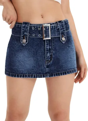 SweatyRocks Women's Casual Buckle Belted Jean Skirt Low Rise Mini Denim Skirts