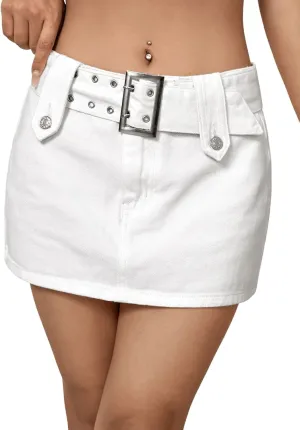 SweatyRocks Women's Casual Buckle Belted Jean Skirt Low Rise Mini Denim Skirts