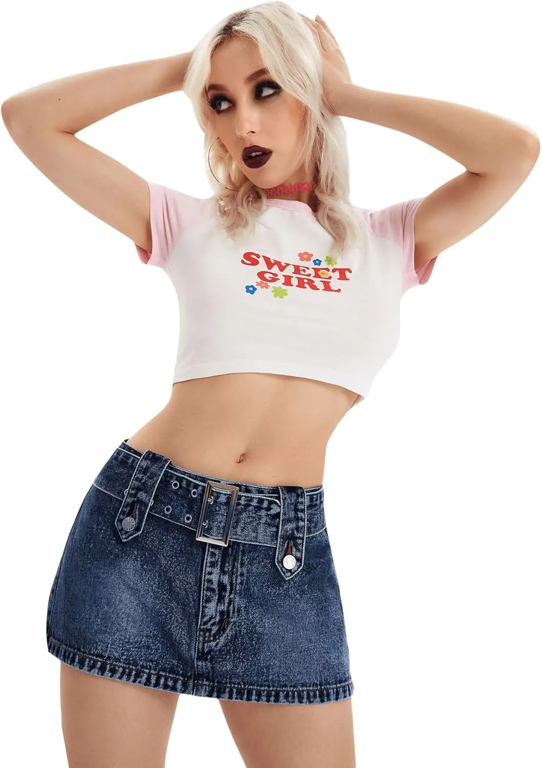 SweatyRocks Women's Casual Buckle Belted Jean Skirt Low Rise Mini Denim Skirts