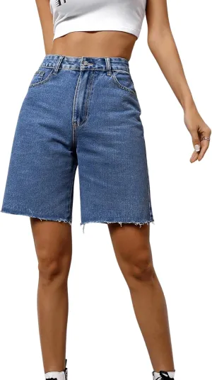 SweatyRocks Women's Casual High Waist Straight Leg Jean Shorts Raw Hem Denim Bermuda Shorts