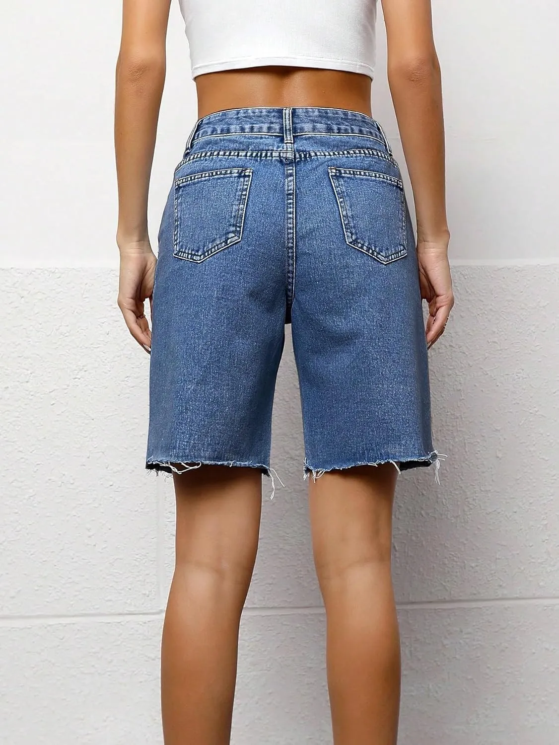 SweatyRocks Women's Casual High Waist Straight Leg Jean Shorts Raw Hem Denim Bermuda Shorts