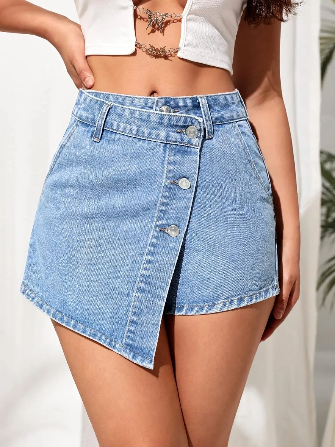 SweatyRocks Women's Casual High Waisted Button Front Jean Shorts Denim Wrap Skort Skirt with Pocket