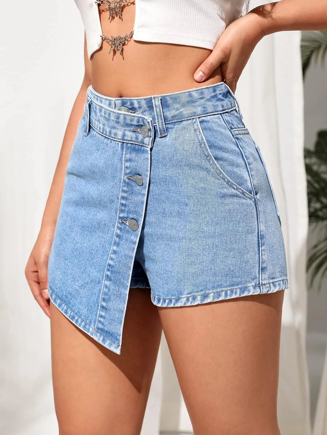 SweatyRocks Women's Casual High Waisted Button Front Jean Shorts Denim Wrap Skort Skirt with Pocket
