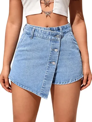 SweatyRocks Women's Casual High Waisted Button Front Jean Shorts Denim Wrap Skort Skirt with Pocket