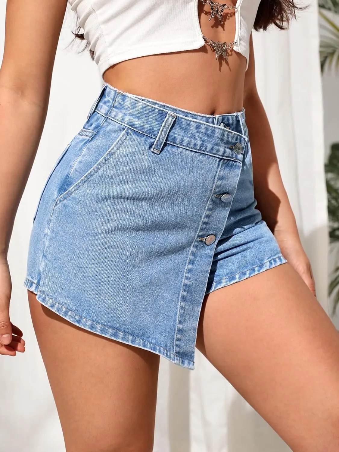 SweatyRocks Women's Casual High Waisted Button Front Jean Shorts Denim Wrap Skort Skirt with Pocket