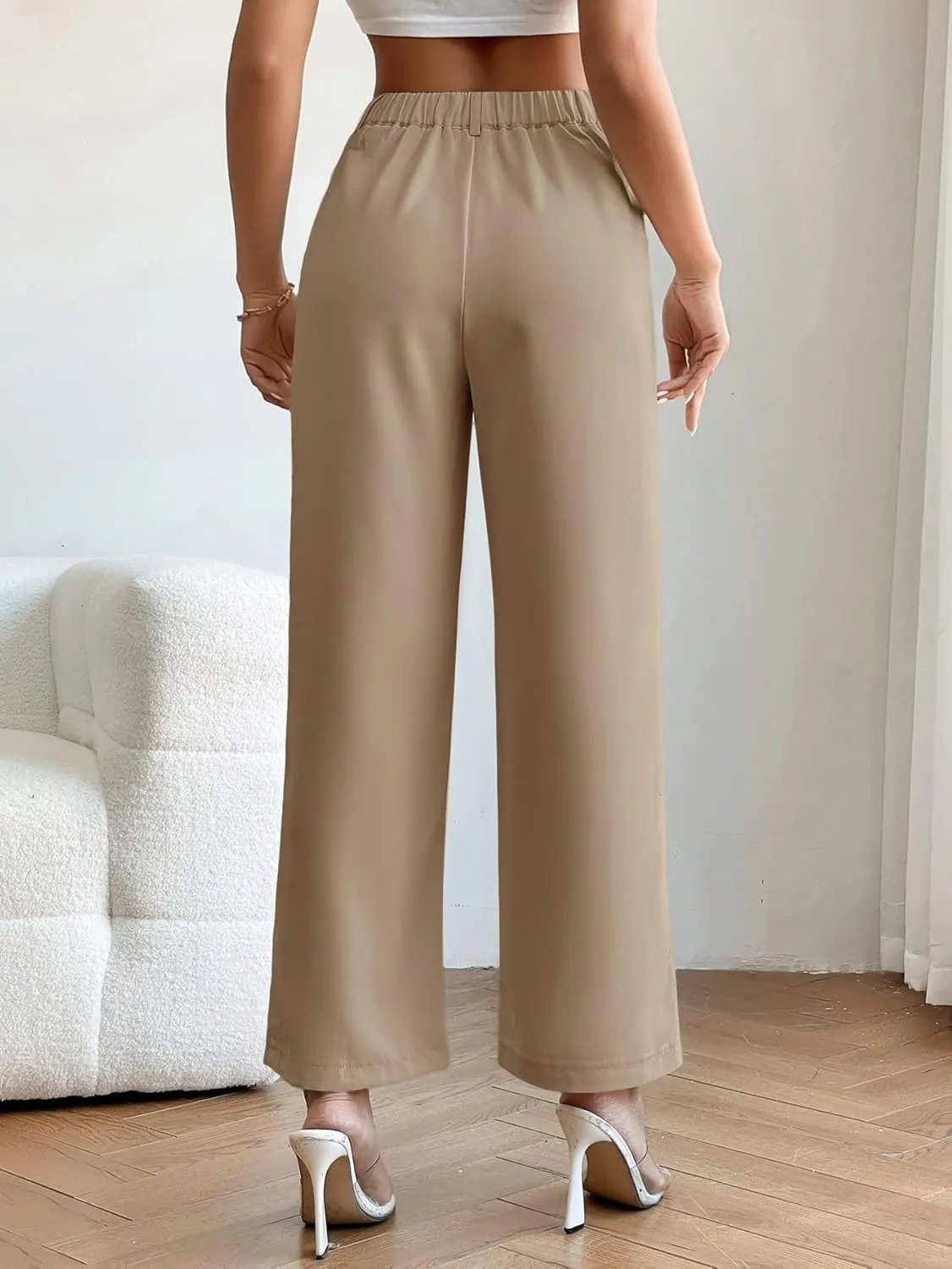 SweatyRocks Women's High Elastic Waist Zip Up Pleated Pants Casual Straight Leg Solid Dress Pants