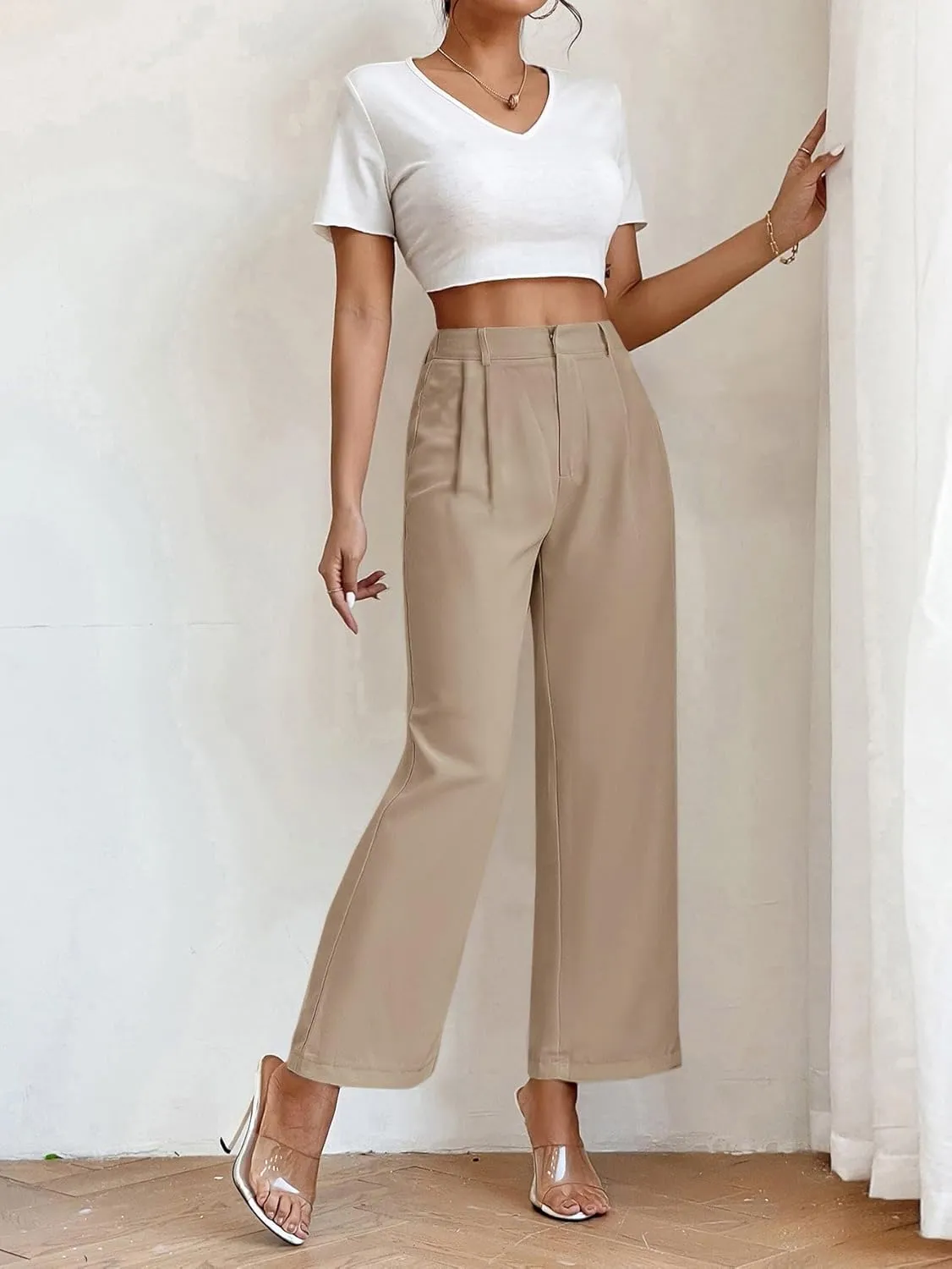 SweatyRocks Women's High Elastic Waist Zip Up Pleated Pants Casual Straight Leg Solid Dress Pants