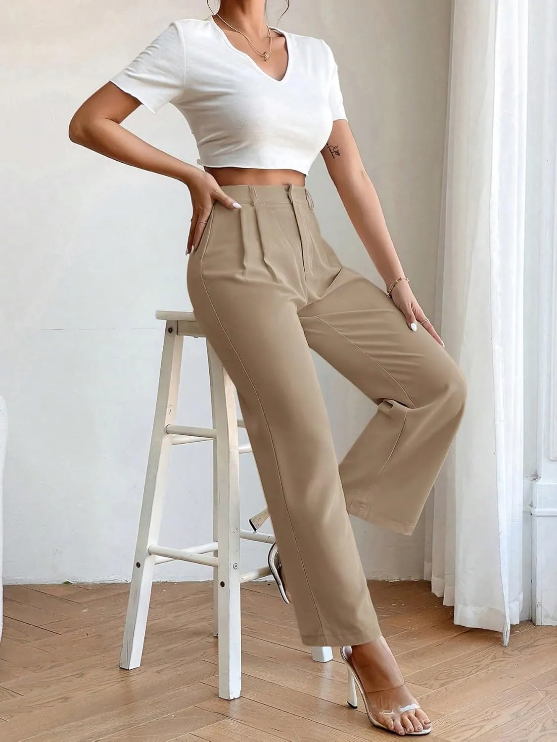 SweatyRocks Women's High Elastic Waist Zip Up Pleated Pants Casual Straight Leg Solid Dress Pants