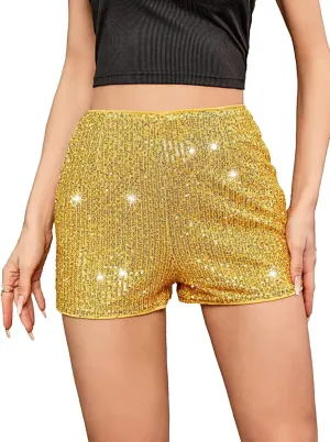 SweatyRocks Women's Sequins High Elastic Waist Straight Leg Shorts Solid Glitter Party Shorts