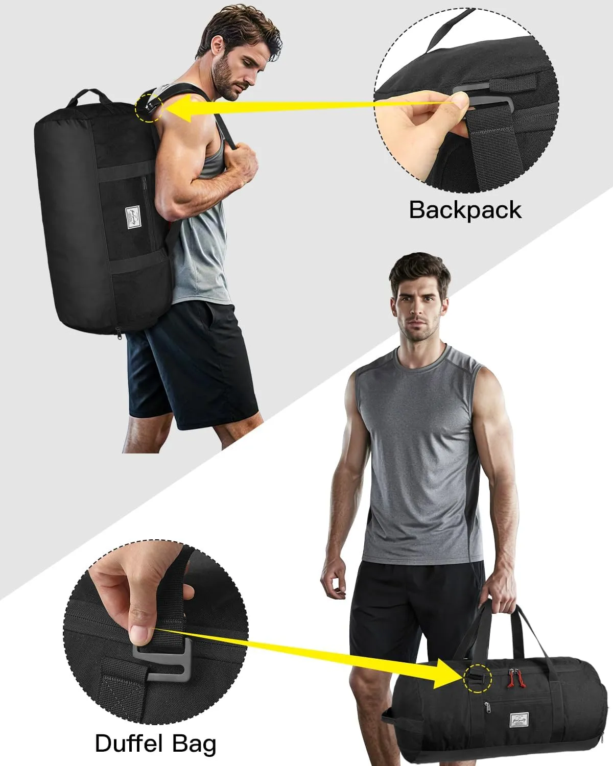 Taihoyin Gym Duffle Bag Men Large 60L Travel Duffel Bag with Shoe Compartment, Black, 24 In, Duffle Bag Backpack