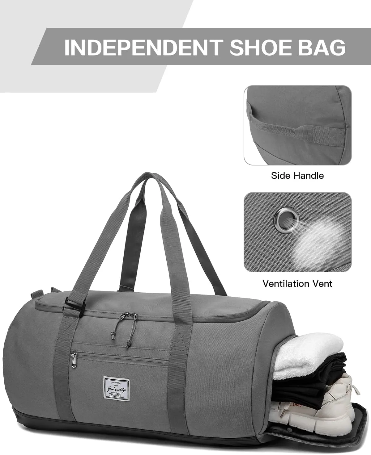 Taihoyin Gym Duffle Bag Men Large 60L Travel Duffel Bag with Shoe Compartment, Grey, Duffle Bag Backpack