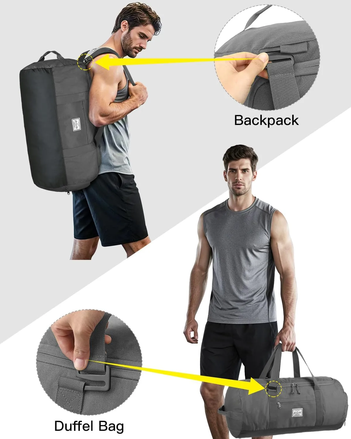 Taihoyin Gym Duffle Bag Men Large 60L Travel Duffel Bag with Shoe Compartment, Grey, Duffle Bag Backpack
