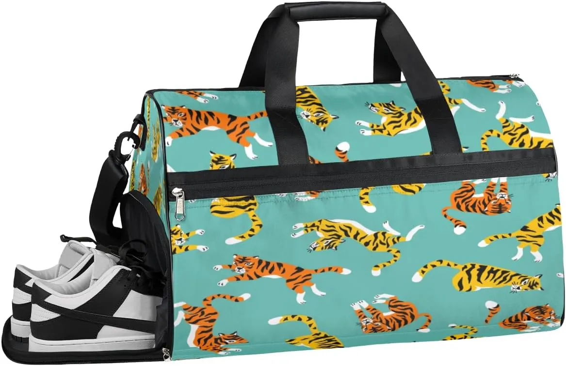 Tiger Animals Sports Gym Bag with Wet Pocket & Shoes Compartment Waterproof Workout Duffel Bag for Women and Men Weekender Overnight Duffle Bag Travel Carry-on Tote
