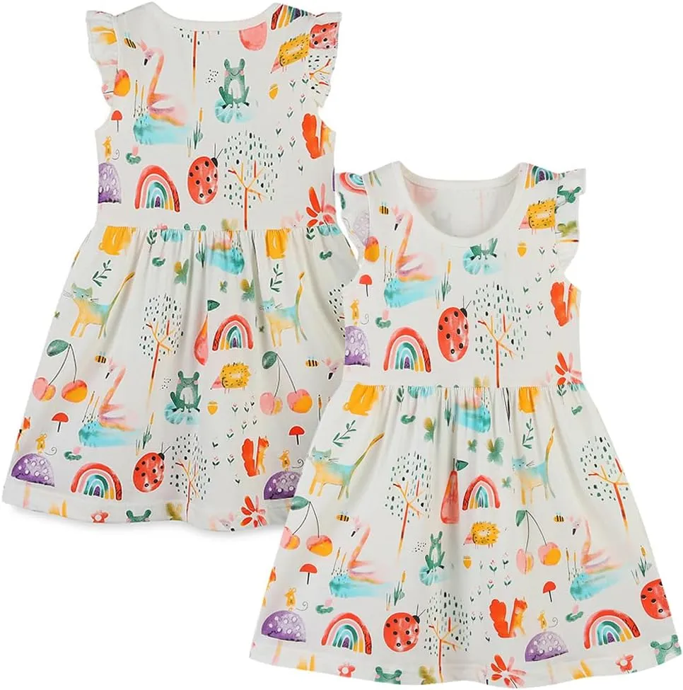 Toddler Little Girls Casual Dresses 2-Pack Cotton Crew Neck Graphic Cartoon Dress for 3-6 Years