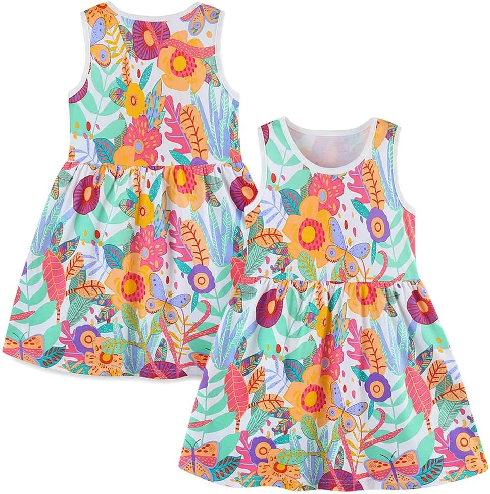 Toddler Little Girls Casual Dresses 2-Pack Cotton Crew Neck Graphic Cartoon Dress for 3-6 Years