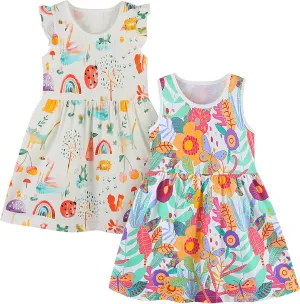 Toddler Little Girls Casual Dresses 2-Pack Cotton Crew Neck Graphic Cartoon Dress for 3-6 Years