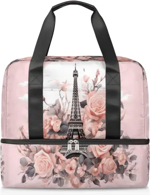 Travel Duffel Bags Eiffel Tower Rose Sports Gym Bag with Wet Pocket & Shoes Compartment Large Duffel Bags Waterproof Overnight Bag Weekender Bags for Women Men