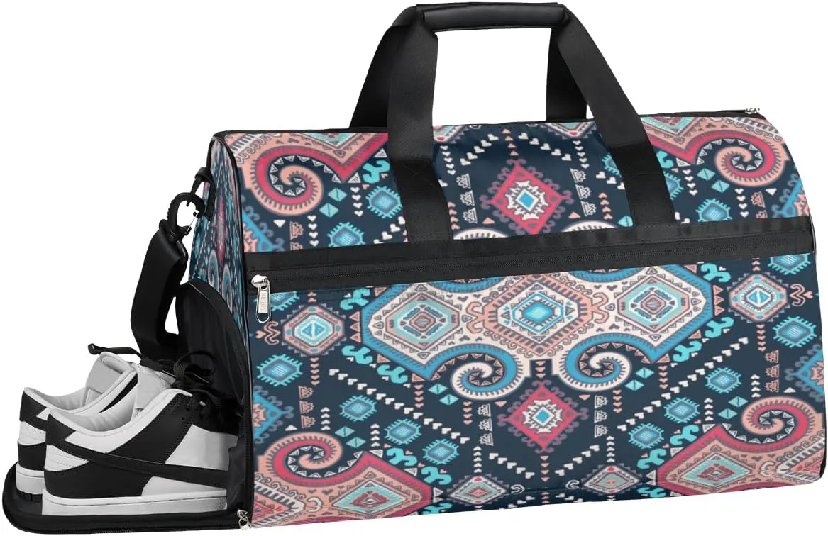 Tribal Mandala Print Sports Gym Bag with Wet Pocket & Shoes Compartment Waterproof Workout Duffel Bag for Women and Men Weekender Overnight Duffle Bag Travel Carry-on Tote