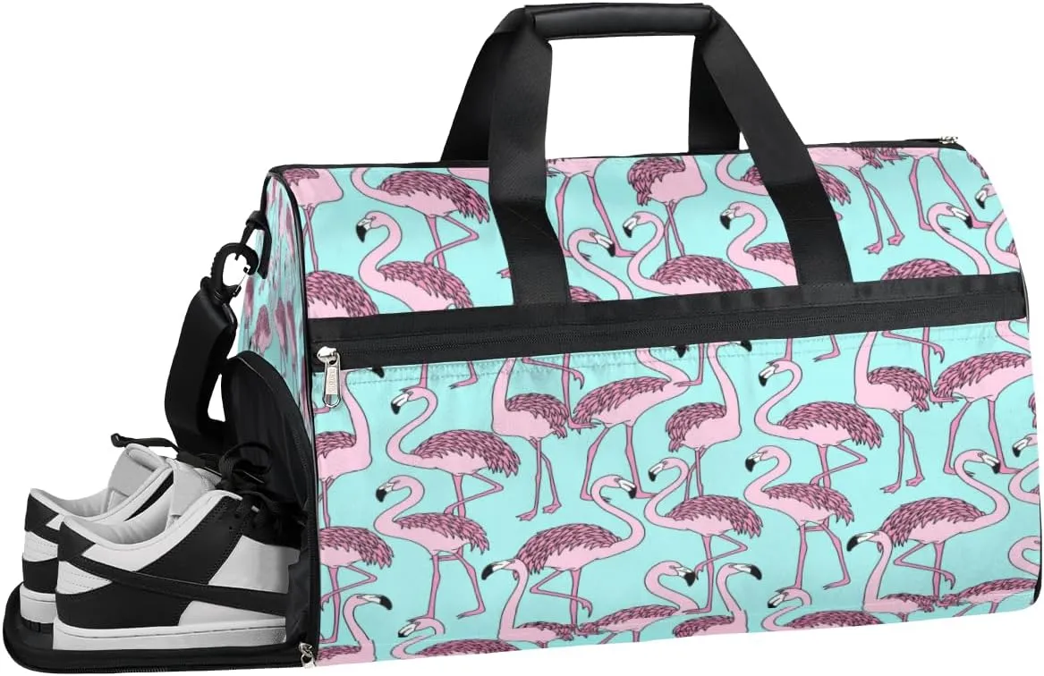 Tropical Animals Flamingo Sports Gym Bag with Wet Pocket & Shoes Compartment Waterproof Workout Duffel Bag for Women and Men Weekender Overnight Duffle Bag Travel Carry-on Tote