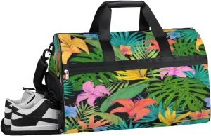 Tropical Palm Leaf Flower Sports Gym Bag with Wet Pocket & Shoes Compartment Waterproof Workout Duffel Bag for Women and Men Weekender Overnight Duffle Bag Travel Carry-on Tote