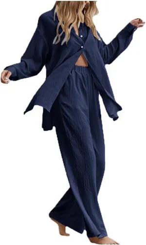 Two Piece Sets for Women Summer Casual Cotton Linen 2 Piece Outfits Long Sleeve Button Down Shirts Lounge Sets