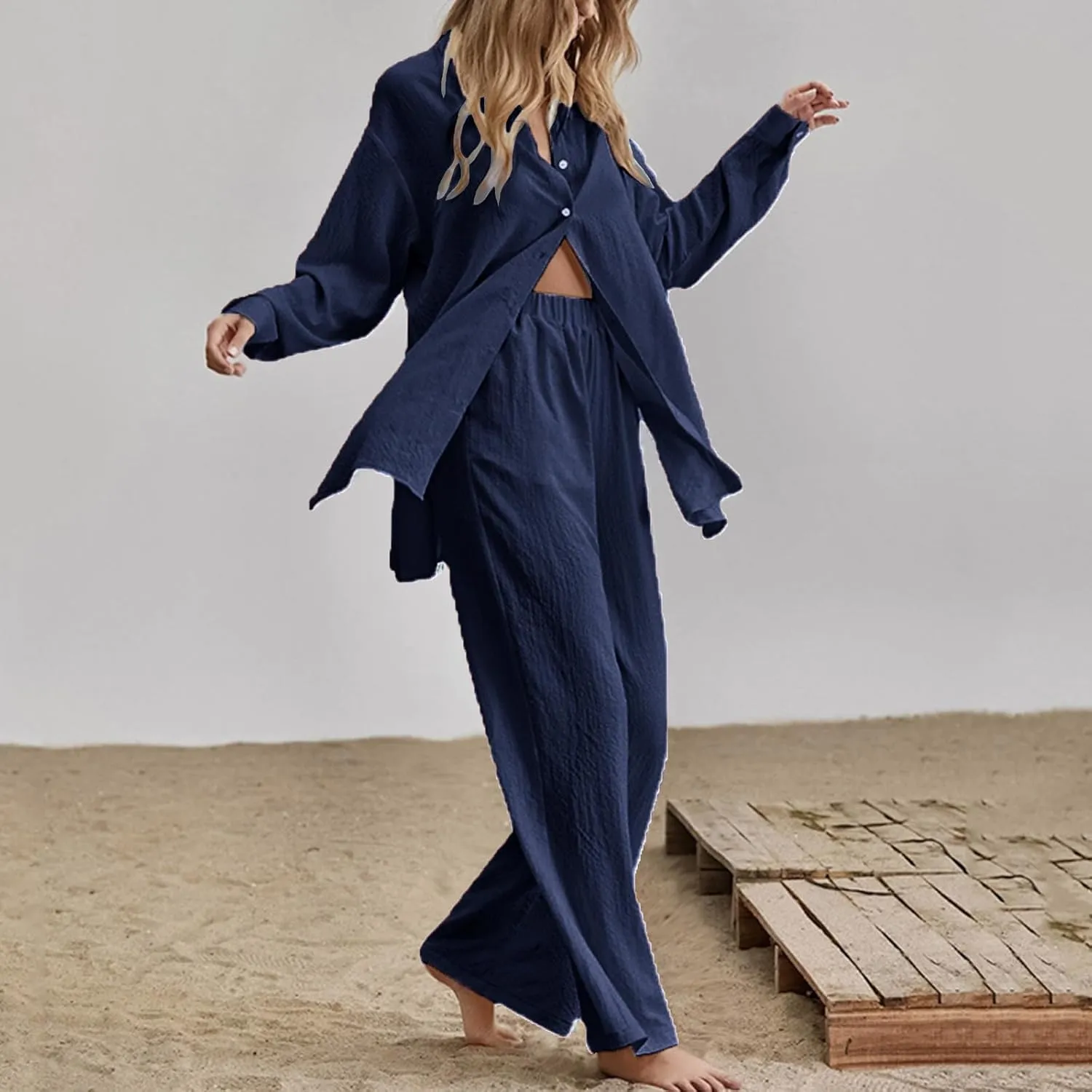 Two Piece Sets for Women Summer Casual Cotton Linen 2 Piece Outfits Long Sleeve Button Down Shirts Lounge Sets