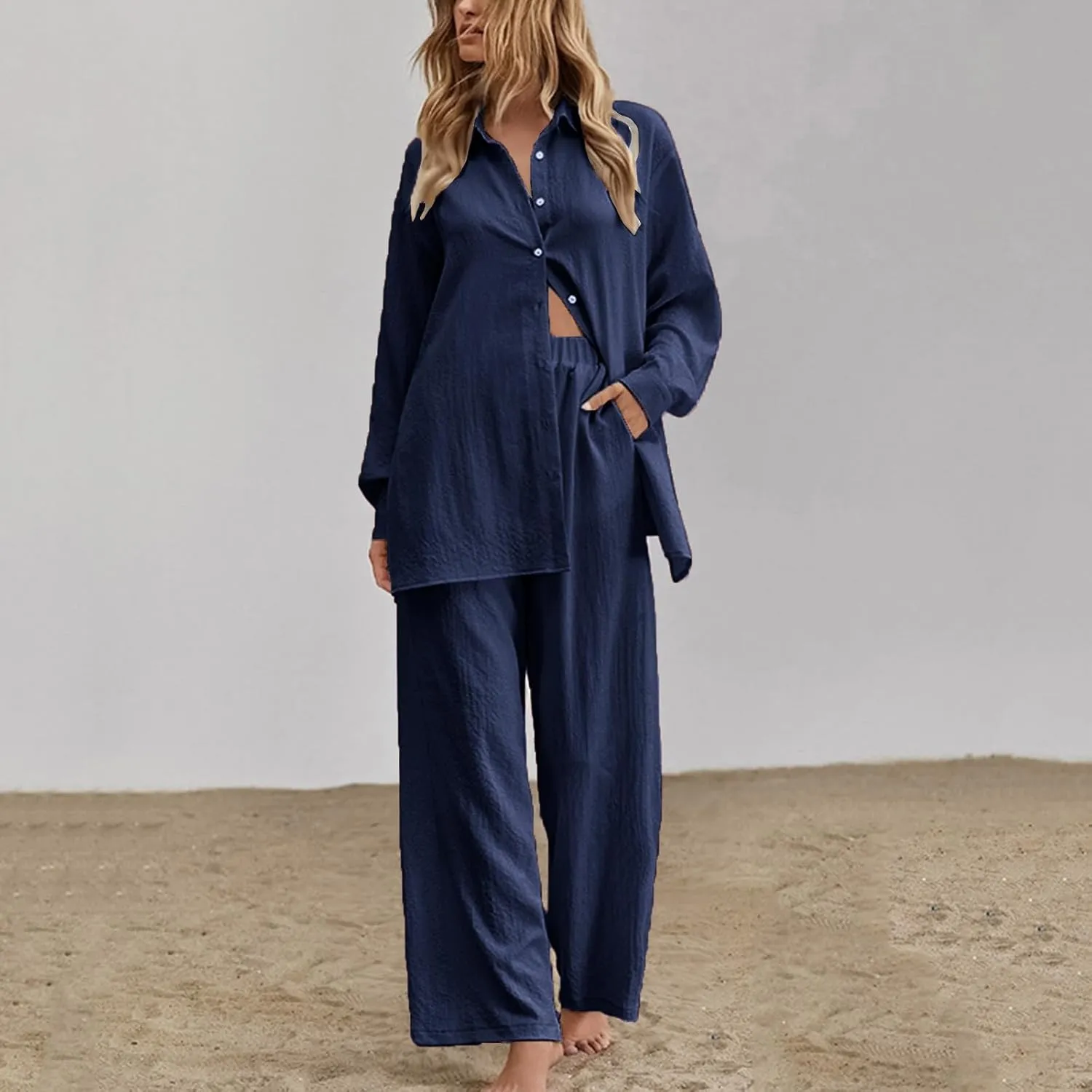 Two Piece Sets for Women Summer Casual Cotton Linen 2 Piece Outfits Long Sleeve Button Down Shirts Lounge Sets