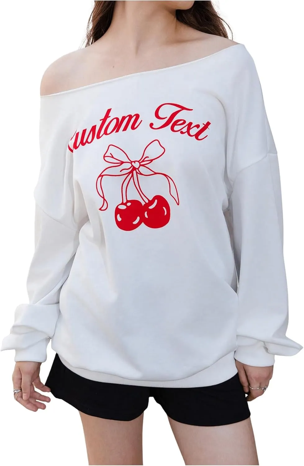 Verdusa Women's Letter Graphic Off The Shoulder T Shirts Long Sleeve Loose Sweatshirt Tee Tops