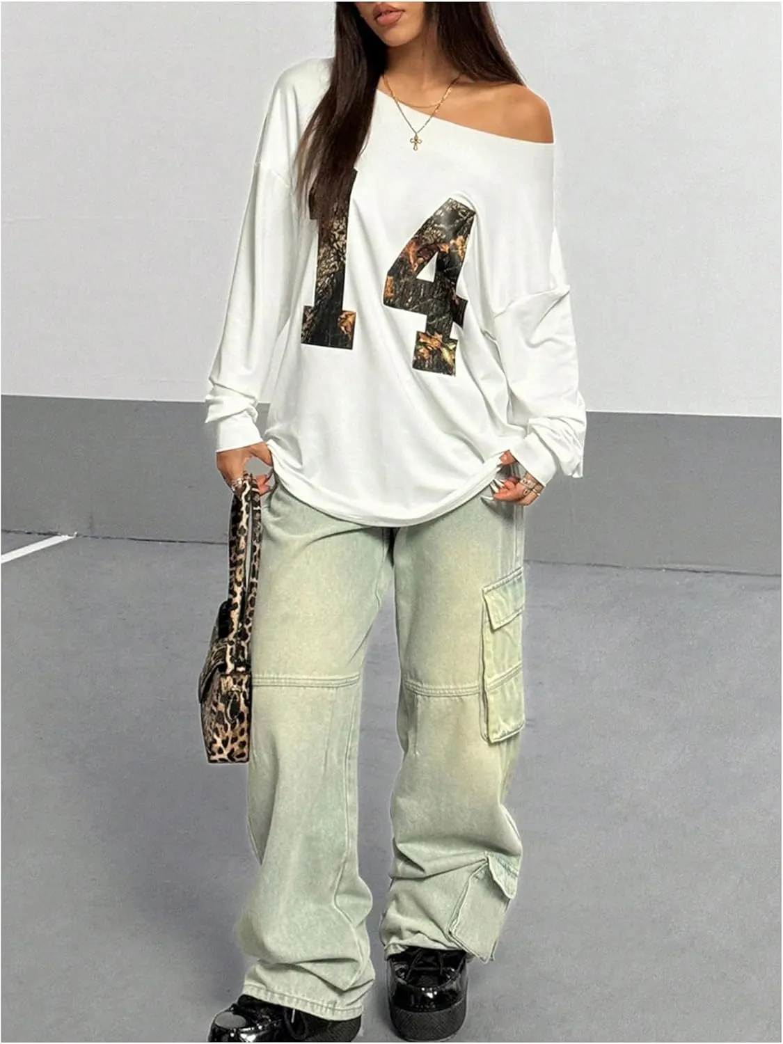 Verdusa Women's Letter Graphic Off The Shoulder T Shirts Long Sleeve Loose Sweatshirt Tee Tops