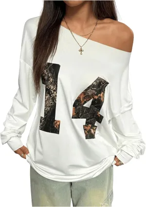 Verdusa Women's Letter Graphic Off The Shoulder T Shirts Long Sleeve Loose Sweatshirt Tee Tops