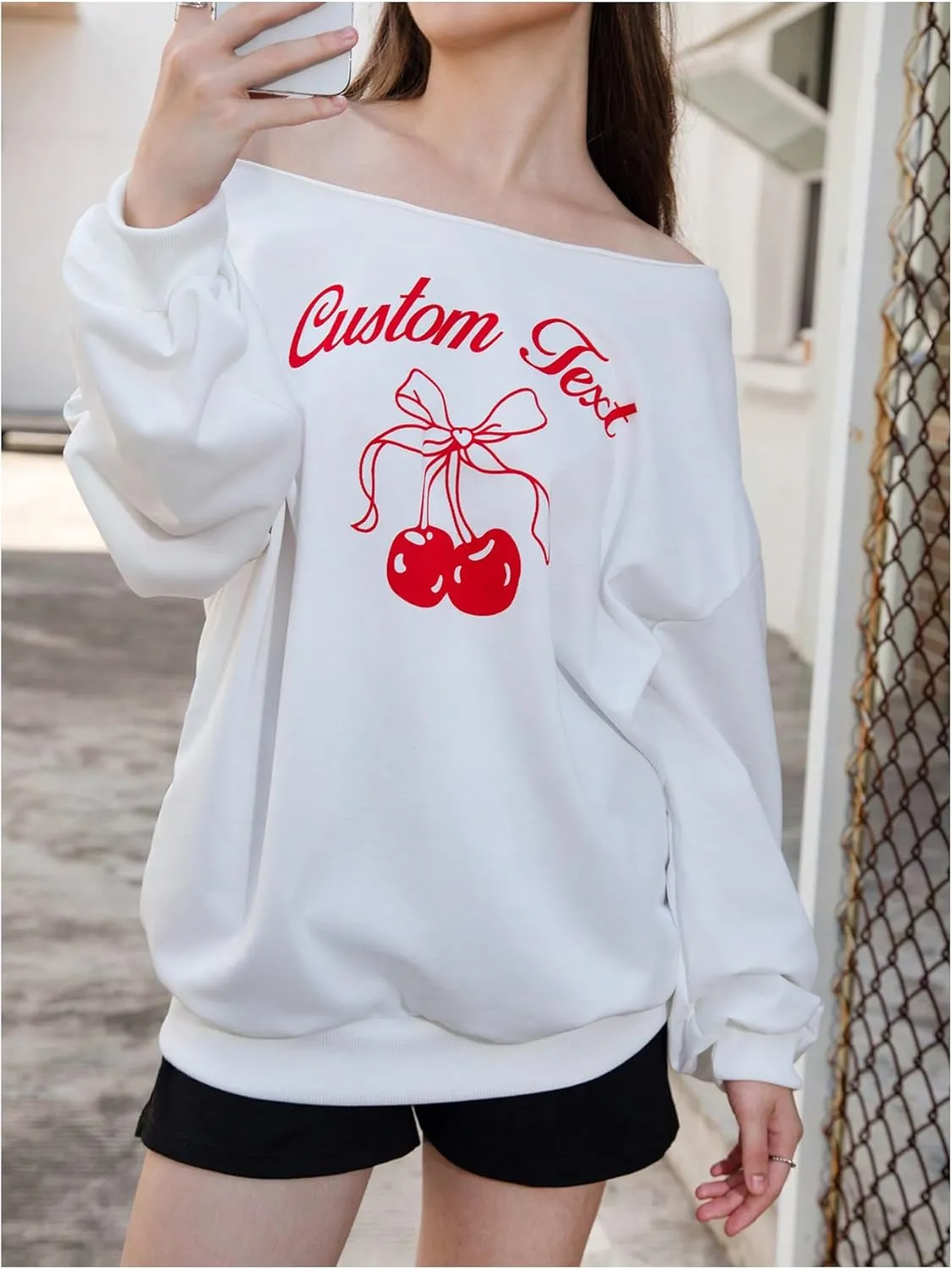 Verdusa Women's Letter Graphic Off The Shoulder T Shirts Long Sleeve Loose Sweatshirt Tee Tops