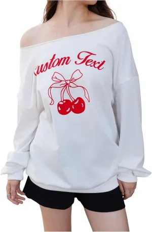Verdusa Women's Letter Graphic Off The Shoulder T Shirts Long Sleeve Loose Sweatshirt Tee Tops