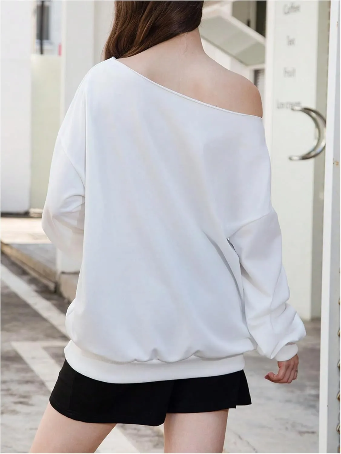 Verdusa Women's Letter Graphic Off The Shoulder T Shirts Long Sleeve Loose Sweatshirt Tee Tops