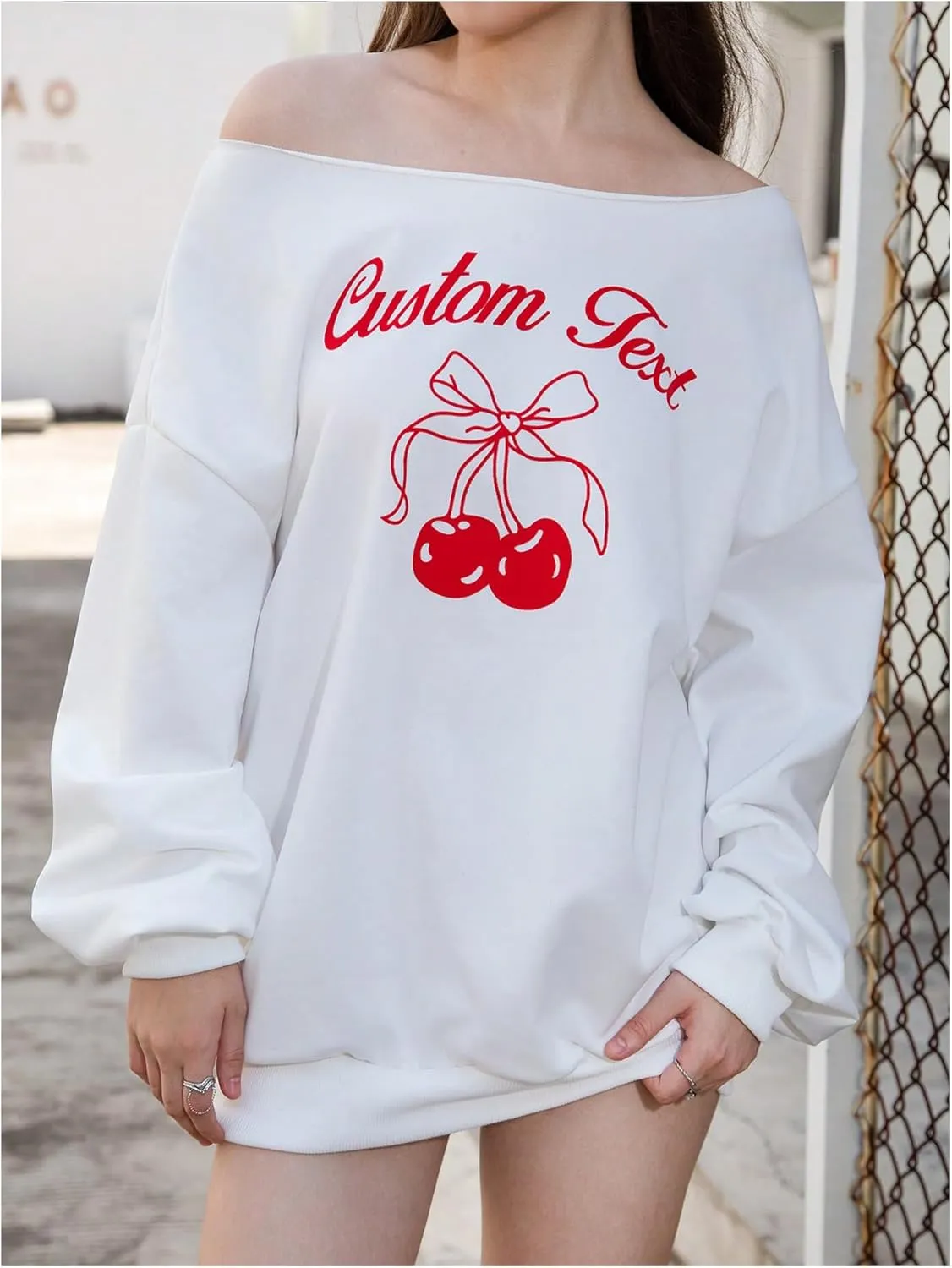 Verdusa Women's Letter Graphic Off The Shoulder T Shirts Long Sleeve Loose Sweatshirt Tee Tops