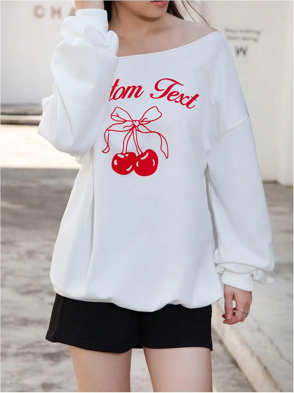 Verdusa Women's Letter Graphic Off The Shoulder T Shirts Long Sleeve Loose Sweatshirt Tee Tops