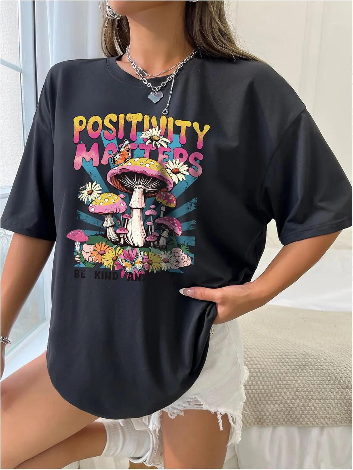 Verdusa Women's Oversized Graphic Tees Vintage Mushroom Print Crew Neck Half Sleeve T Shirts