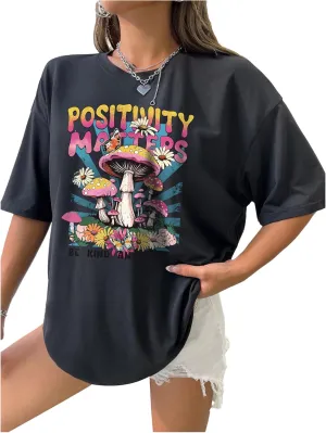 Verdusa Women's Oversized Graphic Tees Vintage Mushroom Print Crew Neck Half Sleeve T Shirts
