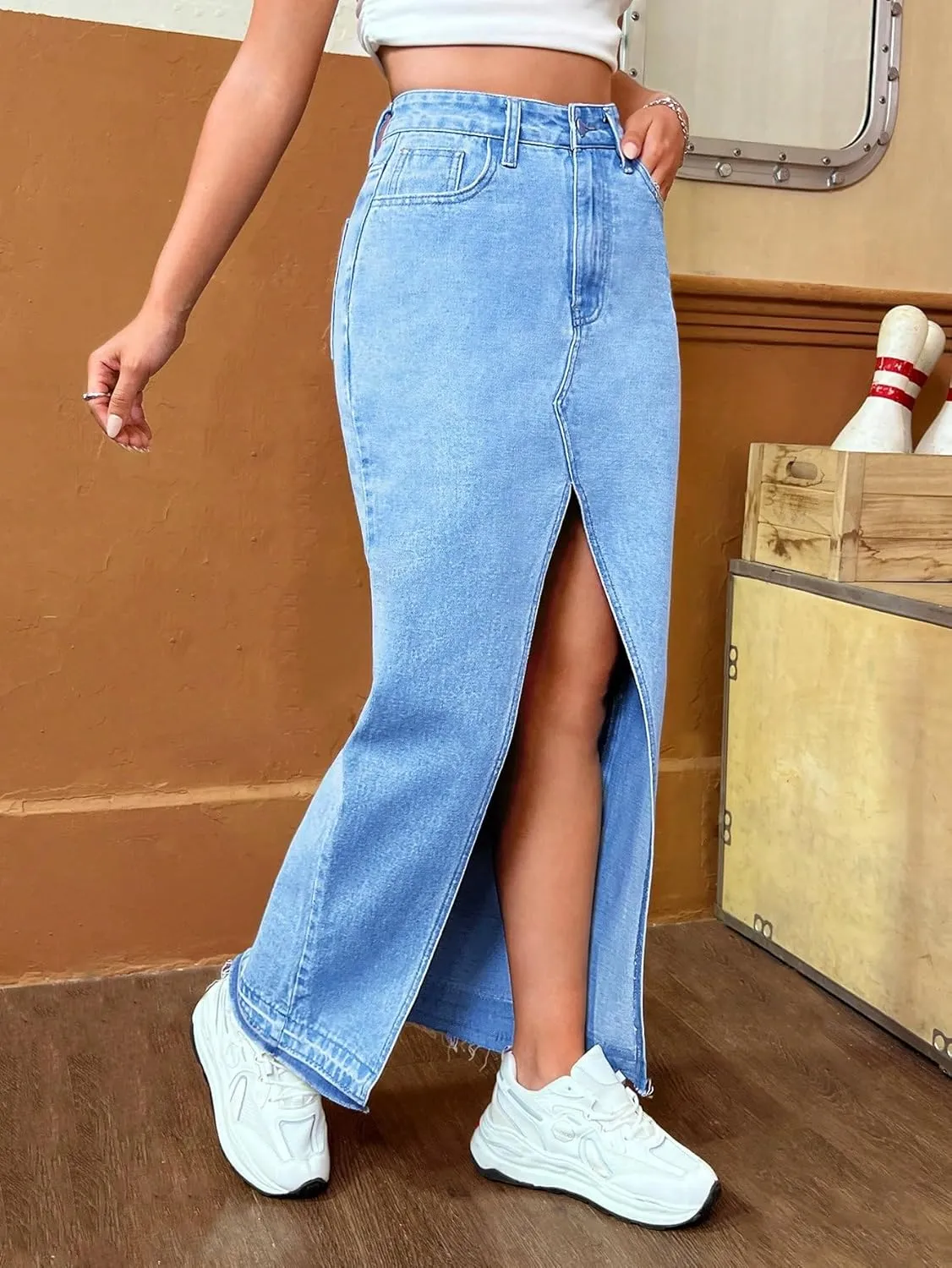 Verdusa Women's Split Side Raw Trim High Waist Maxi Denim Skirt