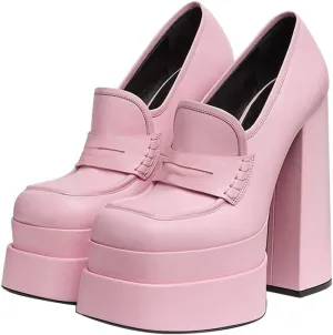 VERISSON Closed Toe Slip on Double Platform Pumps Square Toe Chunky Heels Basic Loafers Pumps