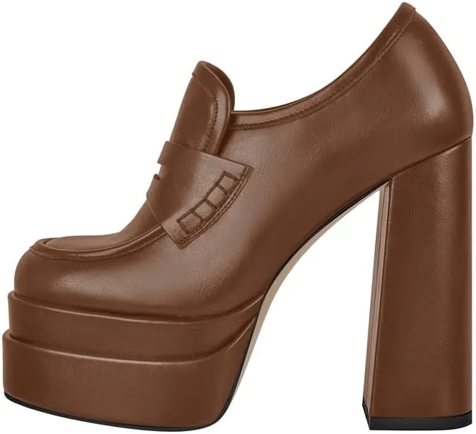 VERISSON Closed Toe Slip on Double Platform Pumps Square Toe Chunky Heels Basic Loafers Pumps