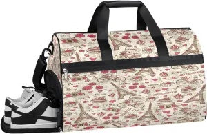 Vintage Eiffel Tower Sports Gym Bag with Wet Pocket & Shoes Compartment Waterproof Workout Duffel Bag for Women and Men Weekender Overnight Duffle Bag Travel Carry-on Tote