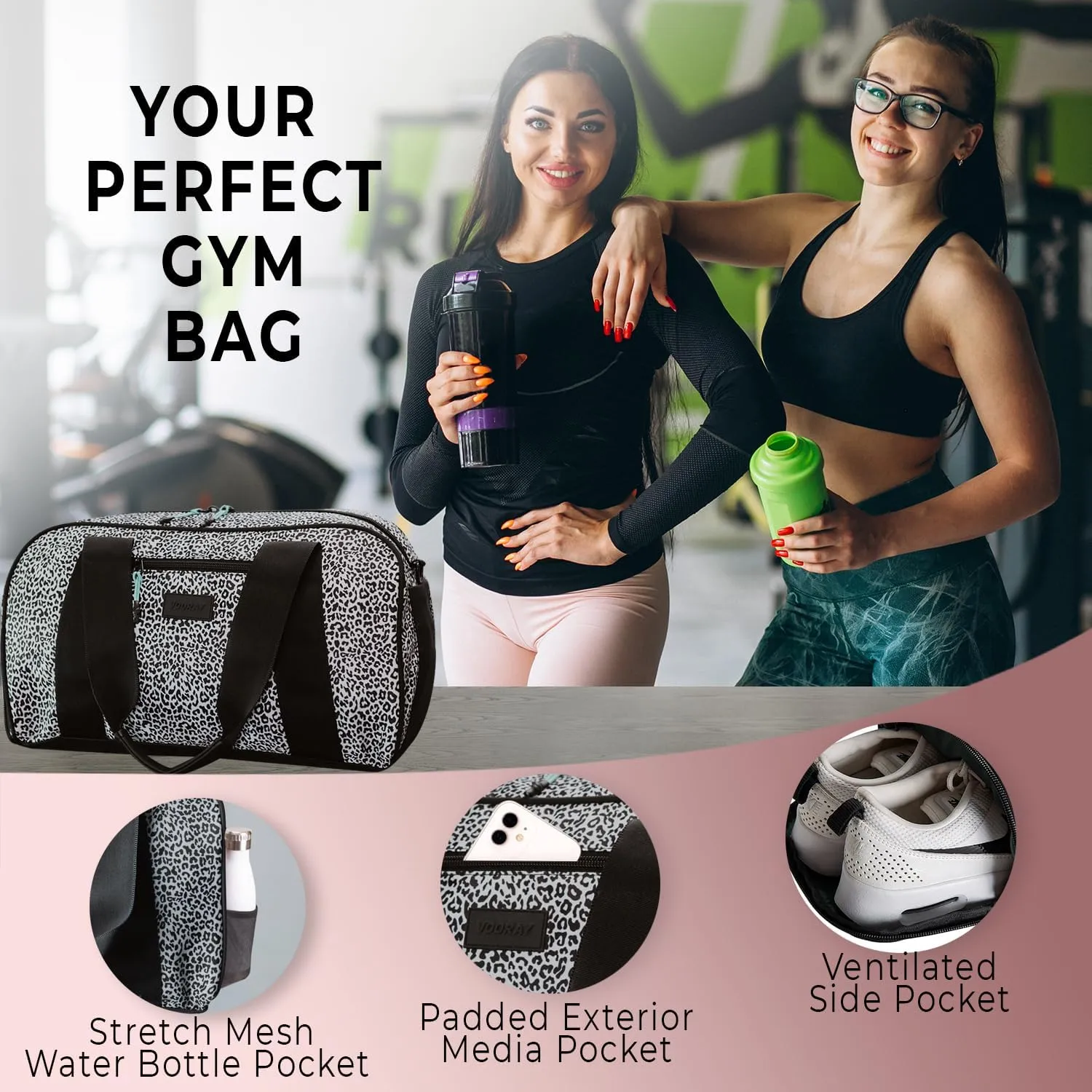 Vooray 23L Burner Gym Duffel Bag  Travel Bag for Women and Men, Sports Gym Bag with Shoe Compartment, Weekender Bag, Overnight Bag, Travel Tote Bags for Sports and Workout, Leopard, One Size