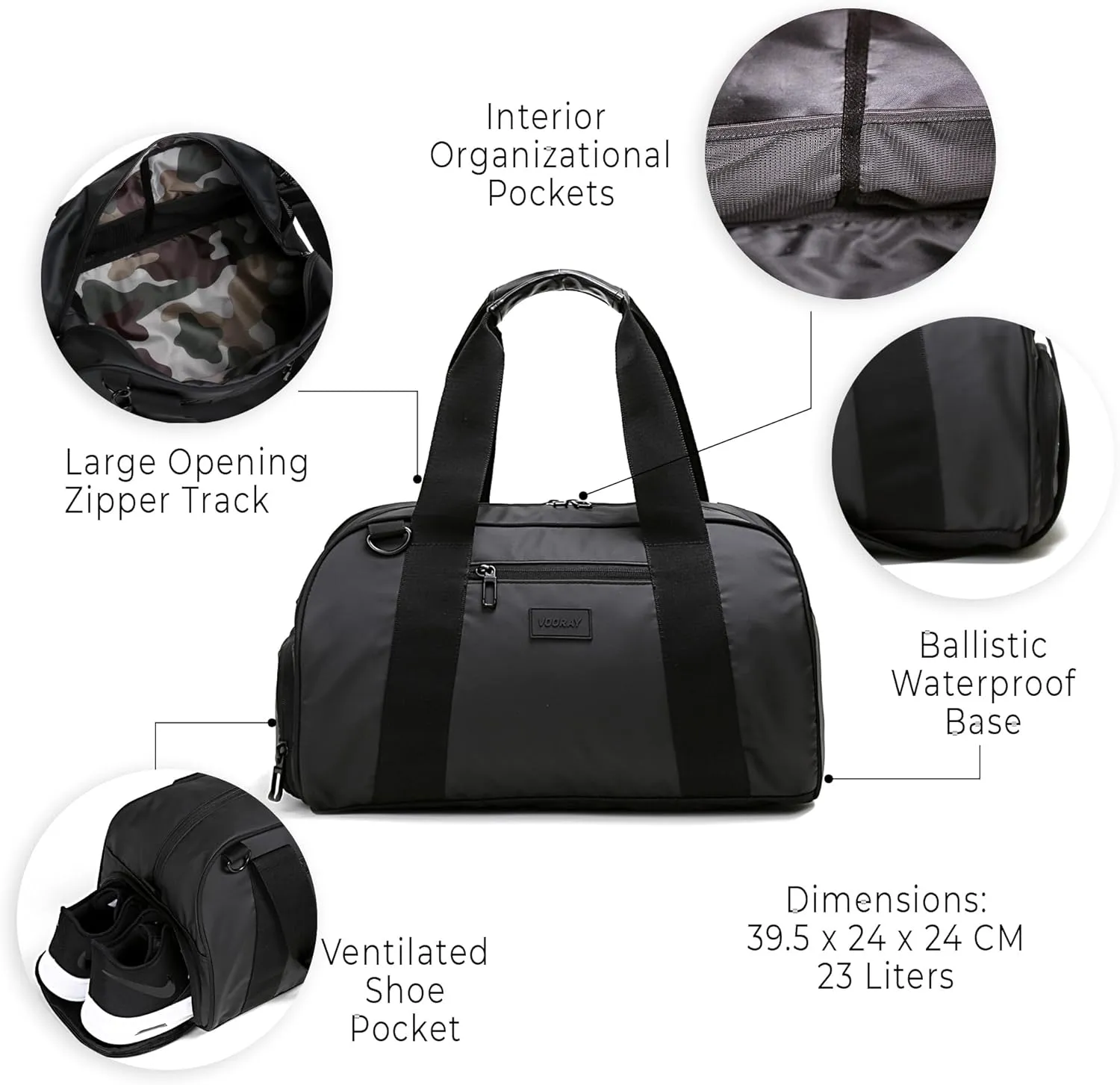 Vooray 23L Burner Gym Duffel Bag  Travel Bag for Women and Men, Sports Gym Bag with Shoe Compartment, Weekender Bag, Overnight Bag, Travel Tote Bags for Sports and Workout, Matte Black, One Size, One