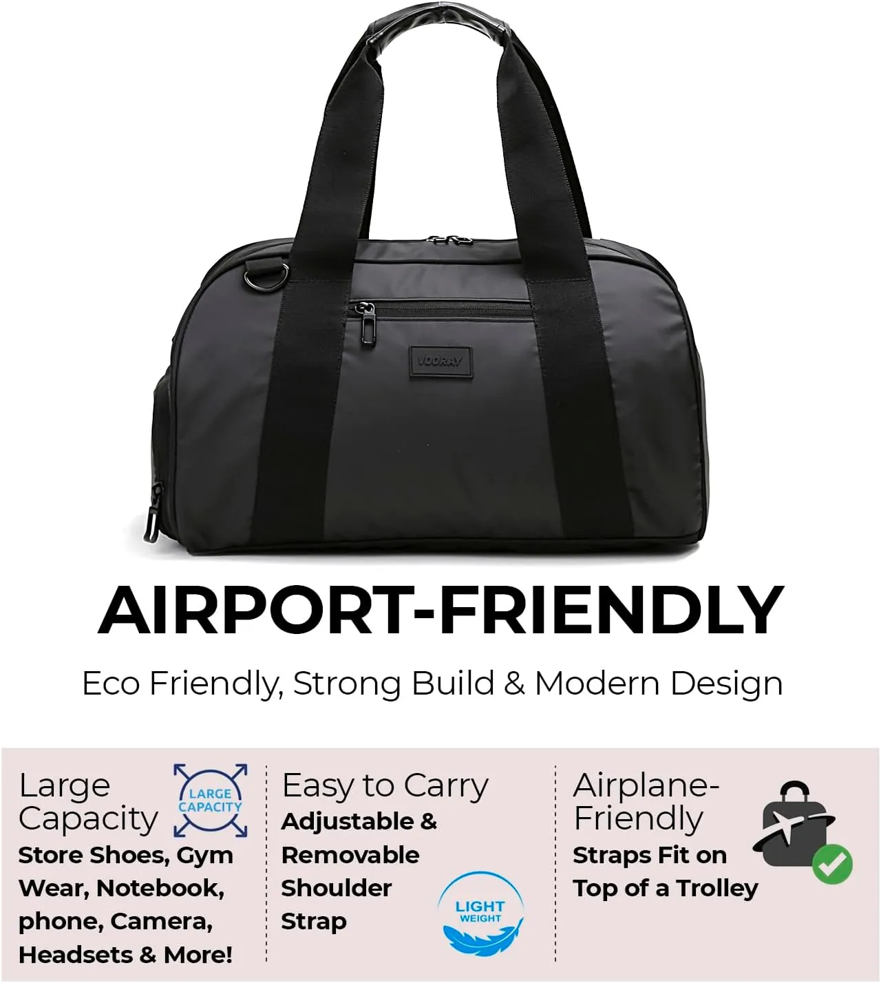 Vooray 23L Burner Gym Duffel Bag  Travel Bag for Women and Men, Sports Gym Bag with Shoe Compartment, Weekender Bag, Overnight Bag, Travel Tote Bags for Sports and Workout, Matte Black, One Size, One