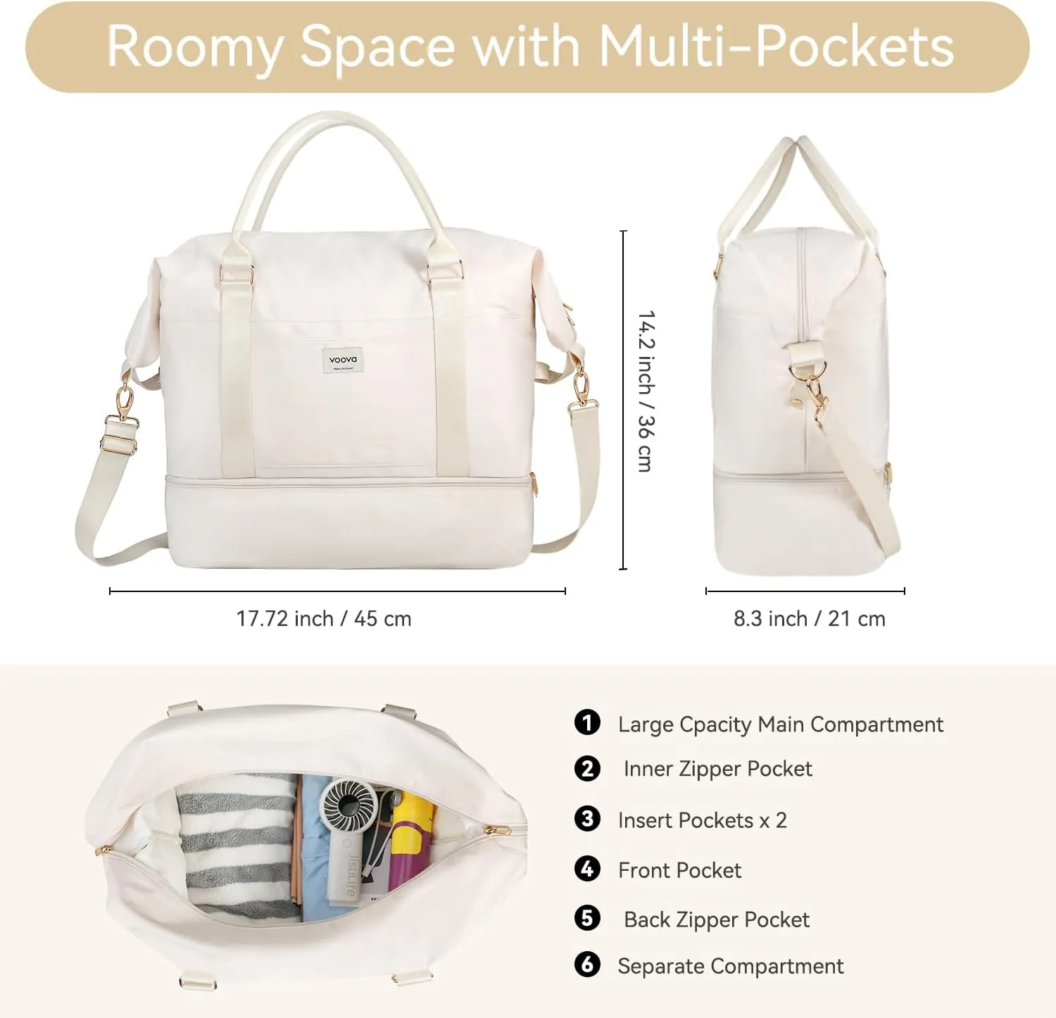 Voova Travel Duffle Bag, Waterproof Weekender Bag Carry On Tote Bags for Women, Apricot, Simple But Stylish