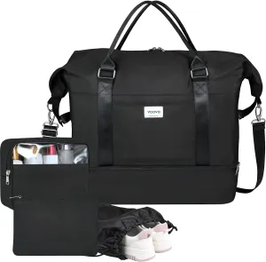Voova Travel Duffle Bag, Waterproof Weekender Bag Carry On Tote Bags for Women, Black, Simple But Stylish