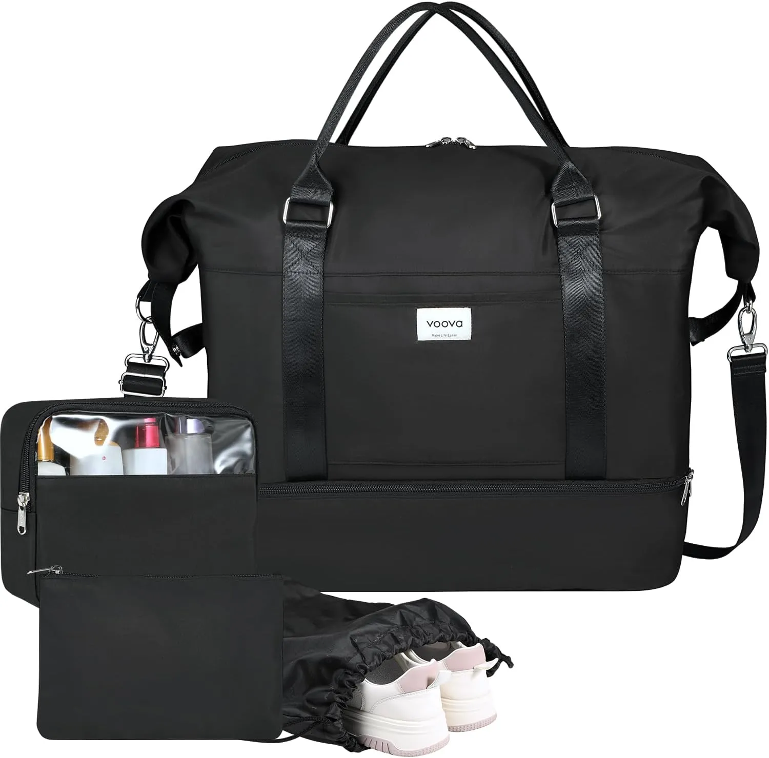 Voova Travel Duffle Bag, Waterproof Weekender Bag Carry On Tote Bags for Women, Black, Simple But Stylish