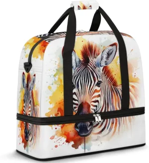 Watercolor Zebra Travel Duffel Bag for Women Men, Animal Horse Sports Gym Bag with Shoes Compartment Foldable Overnight Bag Weekender Tote Workout Carry On Luggage Bag