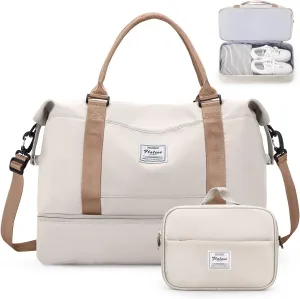 Weekender Bags for Women,Personal Item Travel Bag with Shoes Compartment,Overnight Travel Duffel Bag with Toiletry Bag, Beige & Brown, Large, Set(travel Bag toiletry Bag)