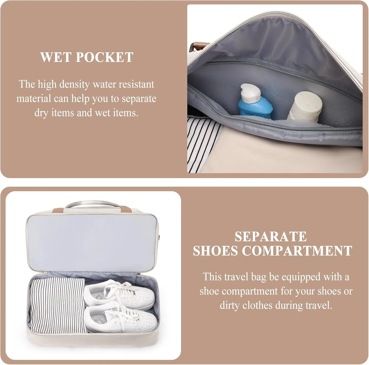 Weekender Bags for Women,Personal Item Travel Bag with Shoes Compartment,Overnight Travel Duffel Bag with Toiletry Bag, Beige & Brown, Large, Set(travel Bag toiletry Bag)